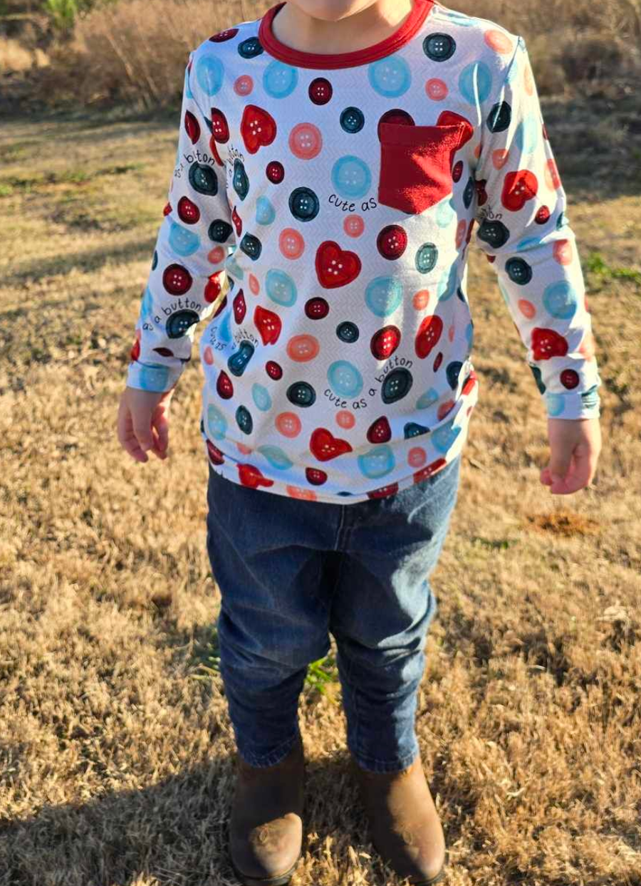 Cute as a button long sleeve pocket tee