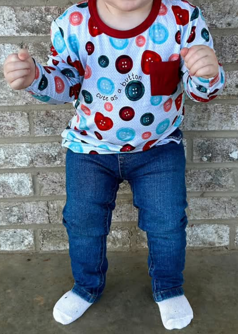 Cute as a button long sleeve pocket tee