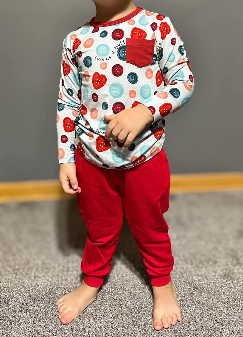 Cute as a button long sleeve pocket tee
